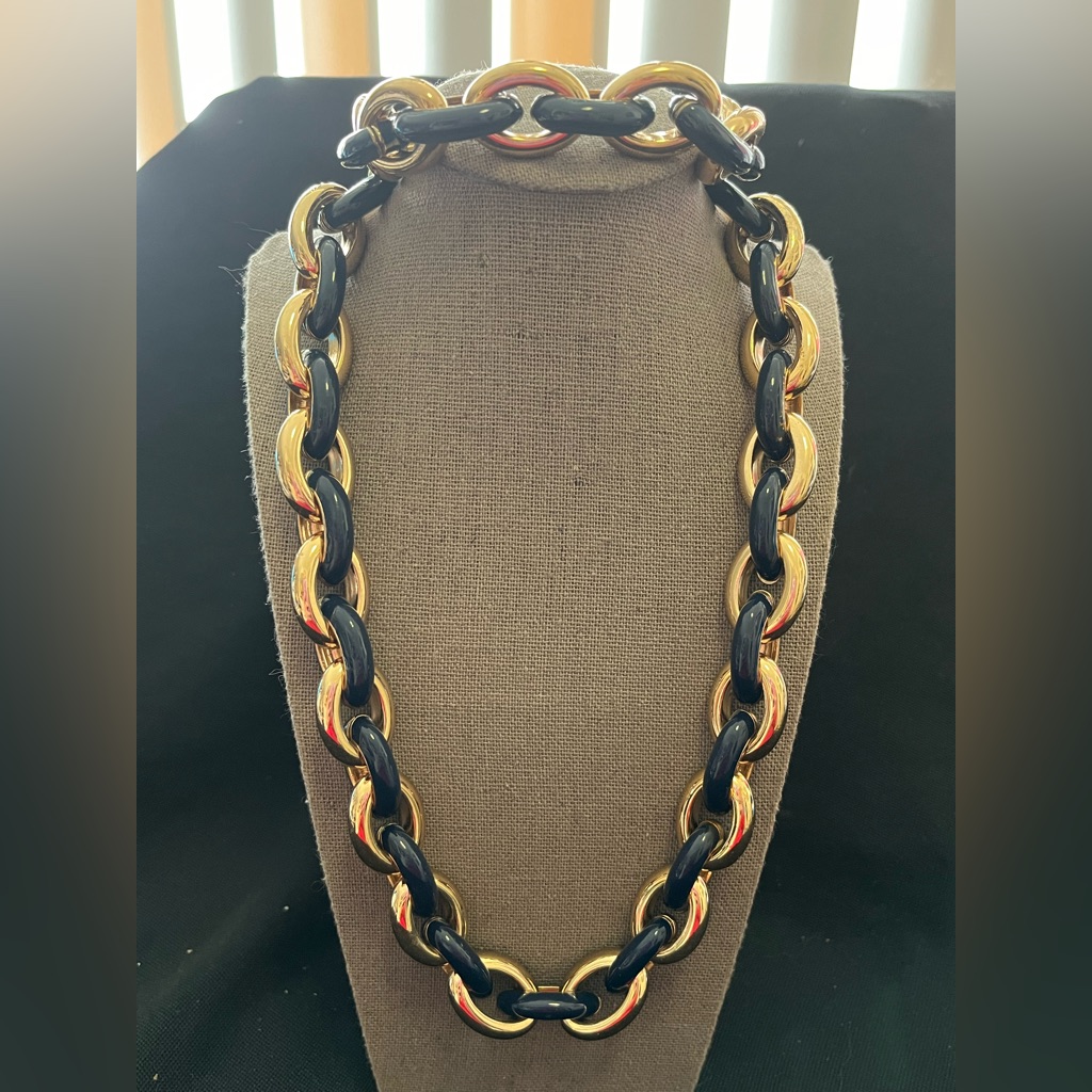 Classic Coldwater Creek Navy & Gold Big Chain Look Necklace & Matching Bracelet